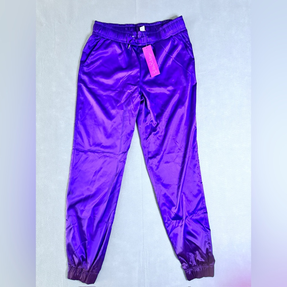Lilly Pulitzer Purple Julissa Satin Jogger Pants Stretch Pull-On 29” NWT